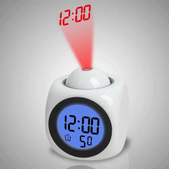 Multifunctional LED Projection Digital Alarm Clock with Voice Time Report, Red Time Projection on Wall Ceiling, Green Backlight LCD Temp Display, Snooze Hourly Chime 5 Alarm Sounds for Bedroom Travel