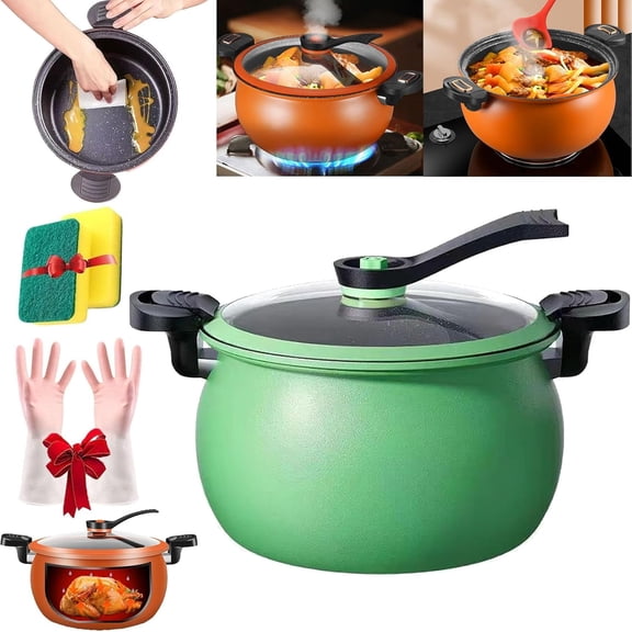 Multifunctional Large Capacity Non-stick Pressure Cooker, 8QT Micro Pressure Cooker with Anti-Scalding Handle & Visible Glass Cover, Family-Size Fast Cooking Pot for Family Meals Soups (Green)