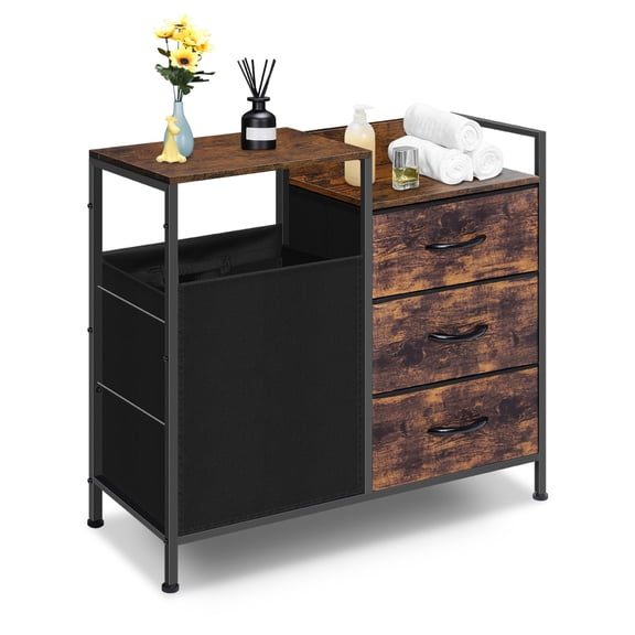 Multifunctional Laundry Hamper Cabinet with 3 Drawers, 60L Large Capacity Laundry Bag, Rustic Brown and Black Laundry Storage Unit for Laundry Room, Bedroom