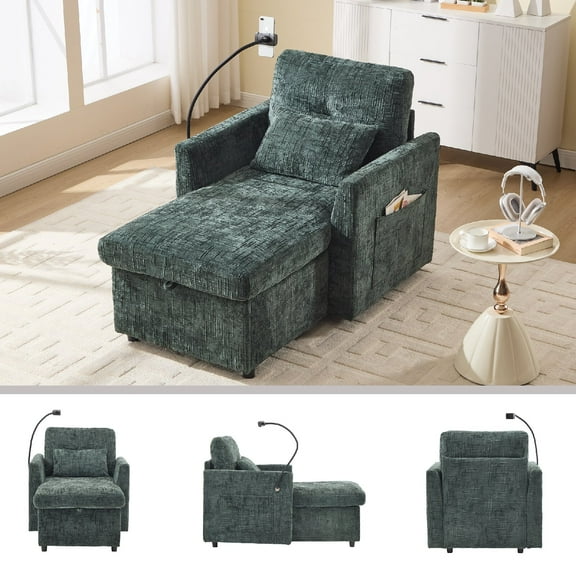 Multifunctional Lazy Person Sofa Bed Recliner with Storage and Side Pocket, Can Be Stored Storage Backrest with Phone Holder, Chenille Single Leisure Chair for Living Room,Bedroom,Small Space,Emerald