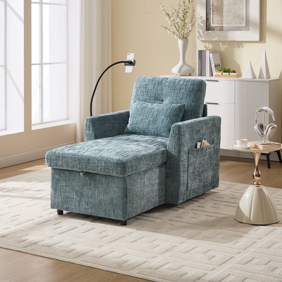 Multifunctional Lazy Sofa Chair Recliner with Phone Stand & Hidden Storage, Chenille Fabric Single Leisure Chair for Living Room, Bedroom, Small Spaces, Lake Blue