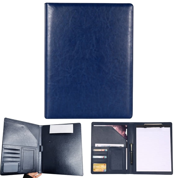 Multifunctional Leather Document Folder With Clip Board For Important Papers And Test Sheets - Blue
