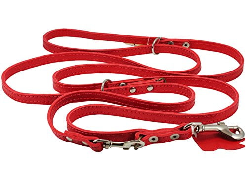 multifunctional leather dog leash, adjustable schutzhund 6 way european lead 49"-94" long, 1/2" wide (12 mm) small to medium dogs
