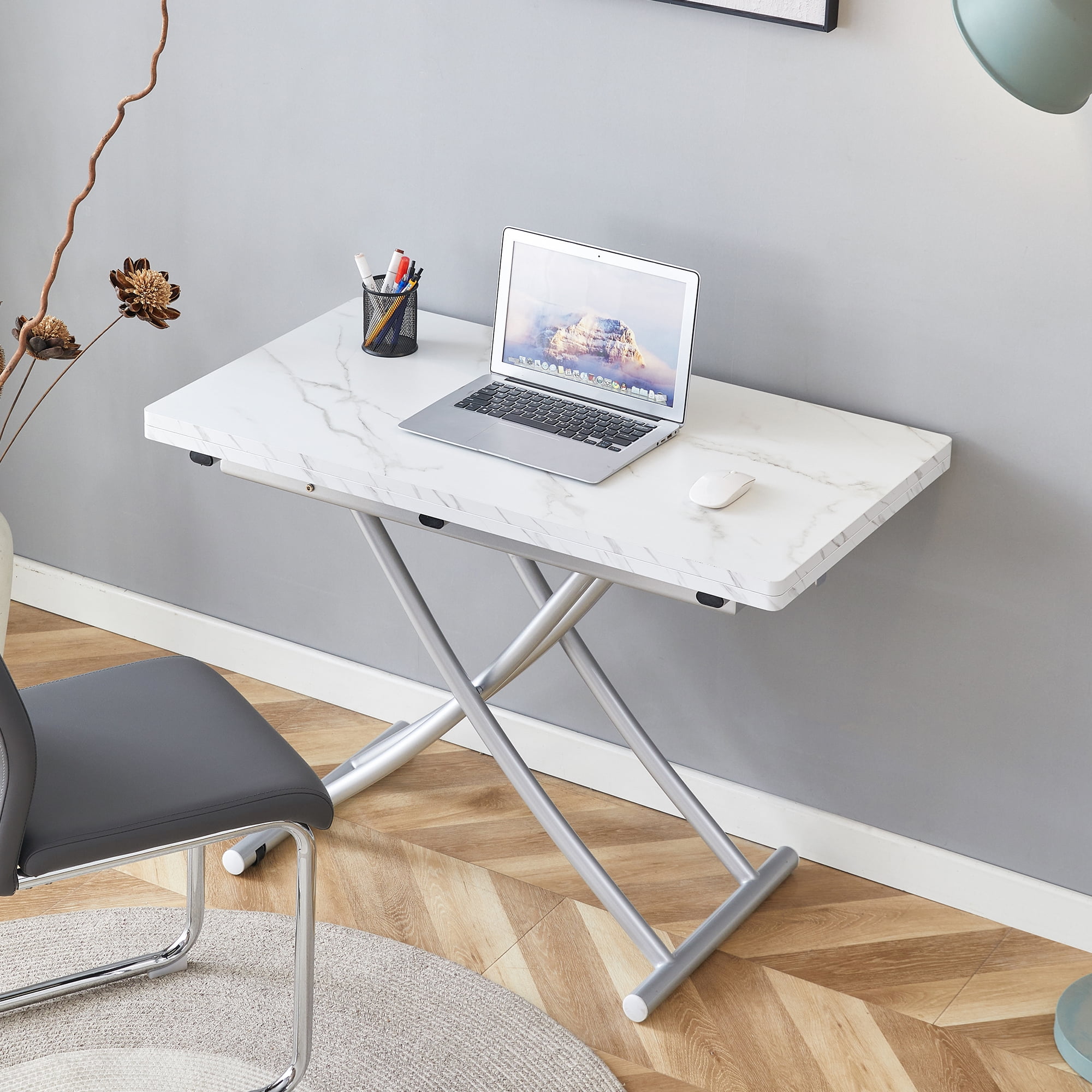 Multifunctional Lift Table With 0.8 Inch Thick Mdf Desktop And Silver Metal Legs, Can Be Used As A Dressing Table, Coffee Table, Dining Table, And Office Table.W1151126194