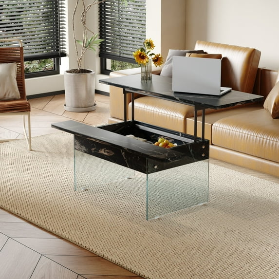 Multifunctional Lift Top Coffee Table -Black Marble Pattern, Essential for Modern Homes.Tempered Glass Legs,Multiple Color Options,Lift Top Feature.Perfectly Fitting Into Both Living Rooms And Office