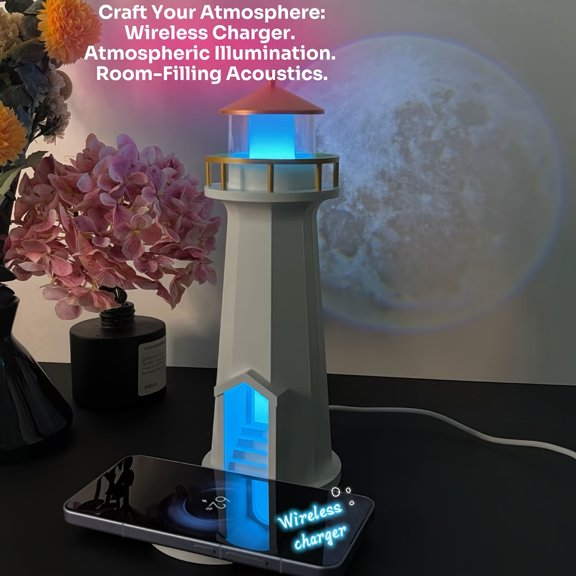 Multifunctional Lighthouse Night Light: Wireless Charger, Bluetooth Speaker, 10 Modes Ambient Light & Moon Projector, Premium Bedroom Gift