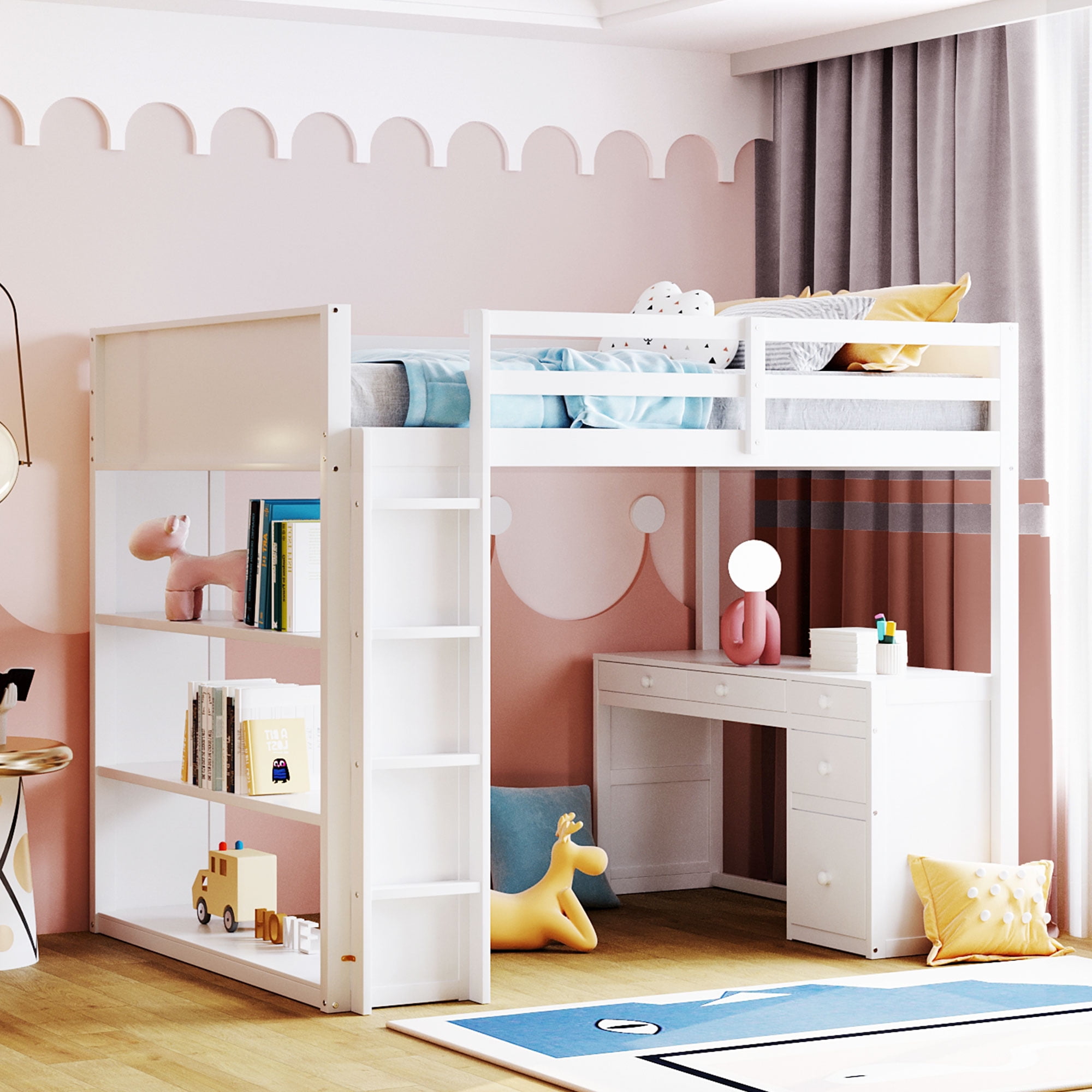 Multifunctional Loft Bed with Desk and 3 Shelves Full Size Loft Bed with 5 Storage Drawers Solid Wood Loft Bed Frame with Ladder and Guardrails High