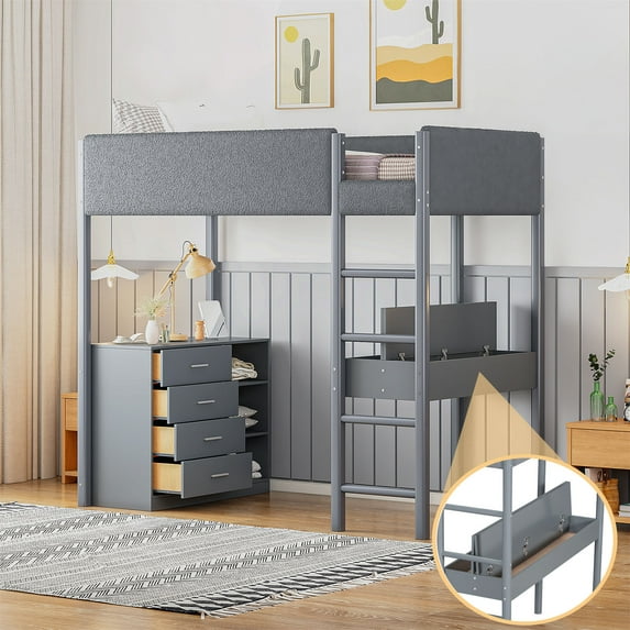 Multifunctional Loft Bed, Wood Loft Bed Frame with Foldable Desk, 4 Storage Drawers and Shelf, Teddy Fleece High Bedframe for Boys Girls Bedroom