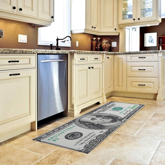 Multifunctional Long Strip Money Rugs 100 Dollar Bill Series Non-Slip Backed Mat Money Doormat, Kitchen Mats Set of 2 (17" X 47"+17" X 30")