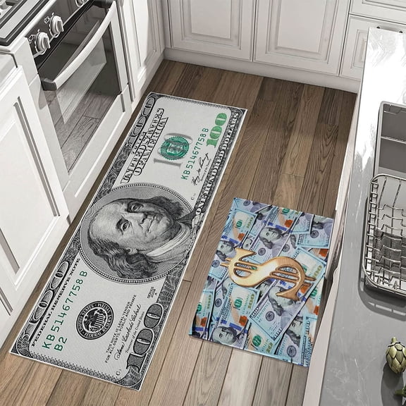 Multifunctional Long Strip Money Rugs 100 Dollar Bill Series Non-Slip Backed Mat Money Doormat, Kitchen Mats Set of 2 (17" X 47"+17" X 30")