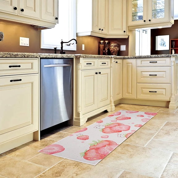 Multifunctional Long Strip Strawberry Cat Rugs Summer Series Non-Slip Backed Mat Strawberry Cat Doormat, Fruit Kitchen Mats Set of 2 (17" X 47"+17" X 30")
