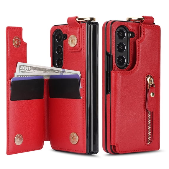 Multifunctional Lychee Pattern Zipper Card-Inserting Phone Leather Case for Samsung Fold5