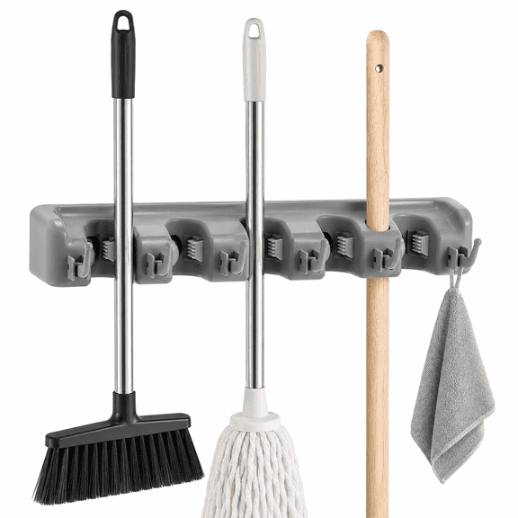 Mop and Broom Holder, Wall Mounted for Garage Laundry Broom Hanger Plastic 5-Pk