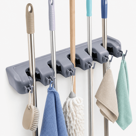 Mop and Broom Holder Wall Mount, Plastic Broom Organizer Heavy Duty with 5 Slots 6 Hooks, Organizations and Storage for Home Cleaning Supplies