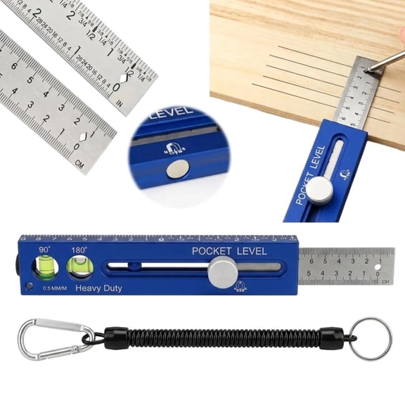 Multifunctional Marking Level Ruler, 3-in-1 Precision Scribing Tool for Rule & Mark, Pocket Level with Magnetic Attachment for Woodworking (Blue, Metric and Imperial Scales)