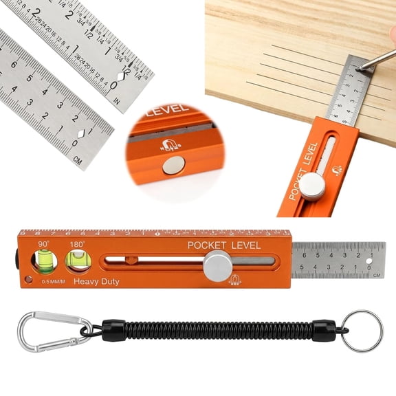 Multifunctional Marking Level Ruler, 3-in-1 Precision Scribing Tool for Rule & Mark, Pocket Level with Magnetic Attachment for Woodworking (Orange, Metric and Imperial Scales)