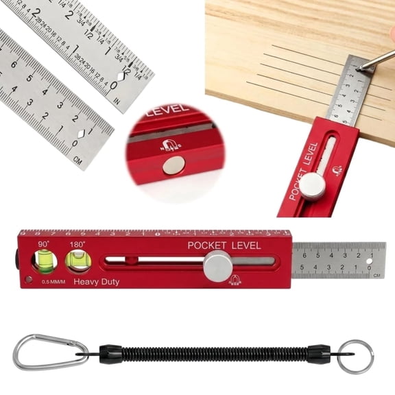 Multifunctional Marking Level Ruler, 3-in-1 Precision Scribing Tool for Rule & Mark, Pocket Level with Magnetic Attachment for Woodworking (Red, Metric and Imperial Scales)