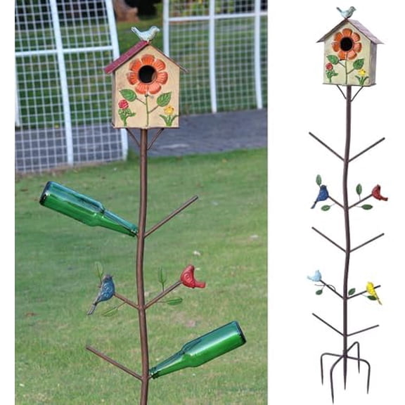 Multifunctional Metal Bird House Glass Bottle Tree Stake for Outdoor Colorful Garden Decorative Bottle Holder & Outdoor$$Garden & Patio