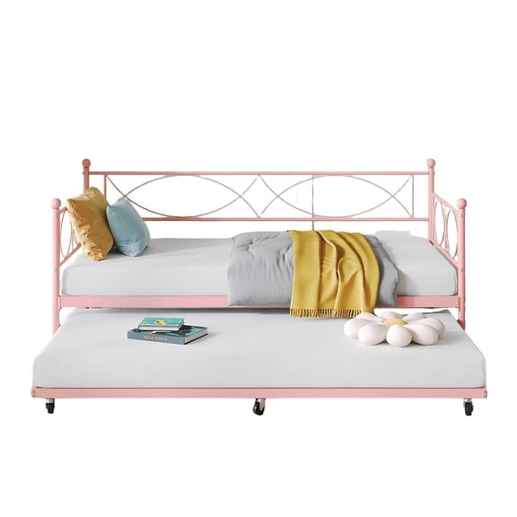 Multifunctional Metal Daybed with Pull-Out Trundle - Premium Steel Slat Support Bed Frame, Set, Pink