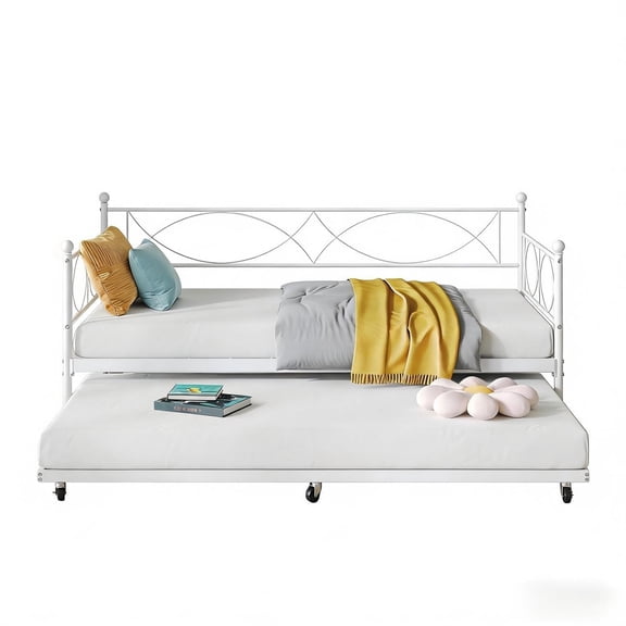 Multifunctional Metal Daybed with Pull-Out Trundle - Premium Steel Slat Support Bed Frame, Set, White