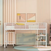 Multifunctional Metal Twin Low Loft Bed with Desk and Storage Shelves, Bed Frame with Ladder and Safety Guard Rails for Kids Teens Adults, No Box Spring Needed, Space-Saving, Noise(White)
