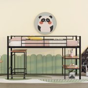 Multifunctional Metal Twin Low Loft Bed with Desk and Storage Shelves, Bed Frame with Ladder and Safety Guard Rails for Kids Teens Adults, No Box Spring Needed, Space-Saving, Noise(Black)