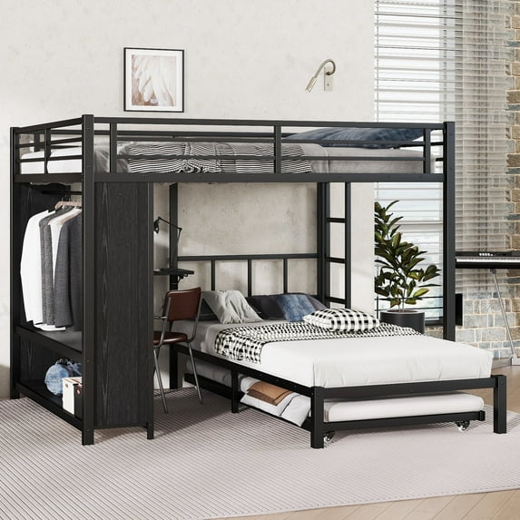 Multifunctional Metal Twin over Full Bunk Bed with Trundle, Built-in Closet & Folding Desk, Space Saving Design,Easy Assembly,Black