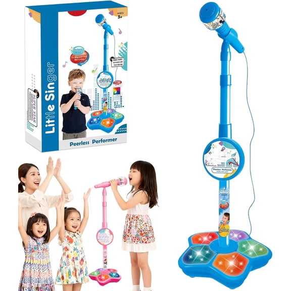 The Multifunctional Microphone Toy, Multi-Functional Microphone Toy with Adjustable Stand, Speakers and Lights, Compatible with Mobile Phones, for Christmas and Birthday (Blue)