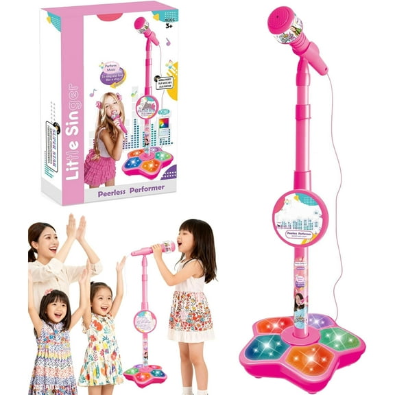 The Multifunctional Microphone Toy, Multi-Functional Microphone Toy with Adjustable Stand, Speakers and Lights, Compatible with Mobile Phones, for Christmas and Birthday (Pink)