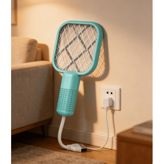 Multifunctional Mini Electric Fly Swatter with Mosquito Attractant Light - Portable, Foldable, USB Rechargeable for Home, Office, Camping, Travel