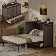 Multifunctional Murphy Bed Cabinet with USB Charging Station, Queen Size Vertical Foldaway Bed with Drawers, Space Saving Hidden Wall Bed with Safety Lock & Anti-Tip Device, Coffee.