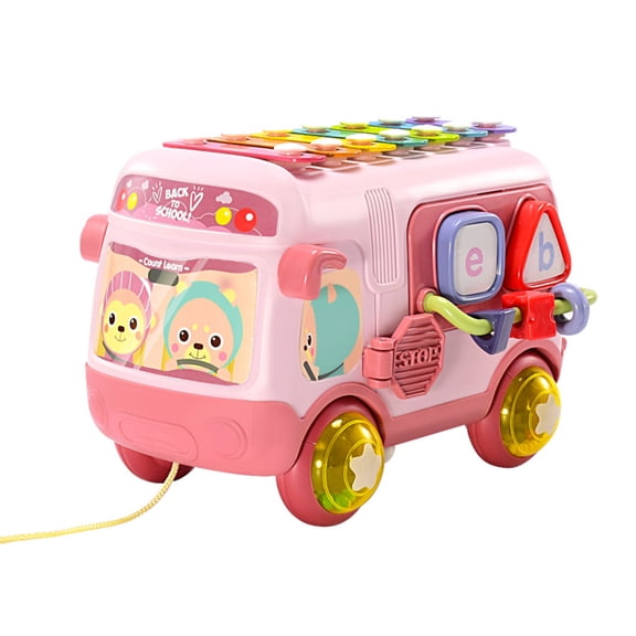 Multifunctional Music Toy Bus with Shape Sorter & Walker, 7-Note Xylophone, Detachable Bell Wheels, Pull String,for Children aged 0-3 Years,Gift for Christmas Birthday,Pink