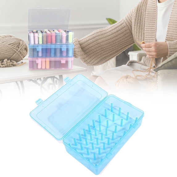 Multifunctional Needle and Thread Box, Embroidery Tool Organizer with 42 Fixed Pins, Transparent Portable Case with Secure Closures for Sewing Supplies Storage and Craft Organization, Blue