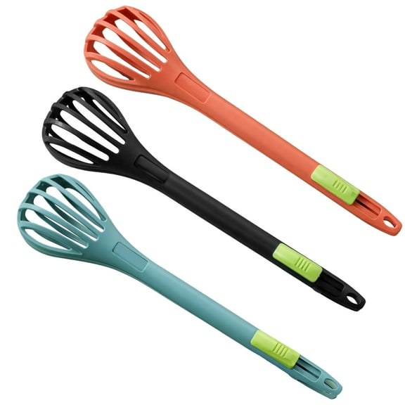 Multifunctional Nylon Egg Beater and Food Tongs, 2-in-1 Manual Mixer with 8-Line Design, Ergonomic Handle, Available in Lake Blue, Deep Space Black, and Mei Red Orange, Easy to Use and Clean