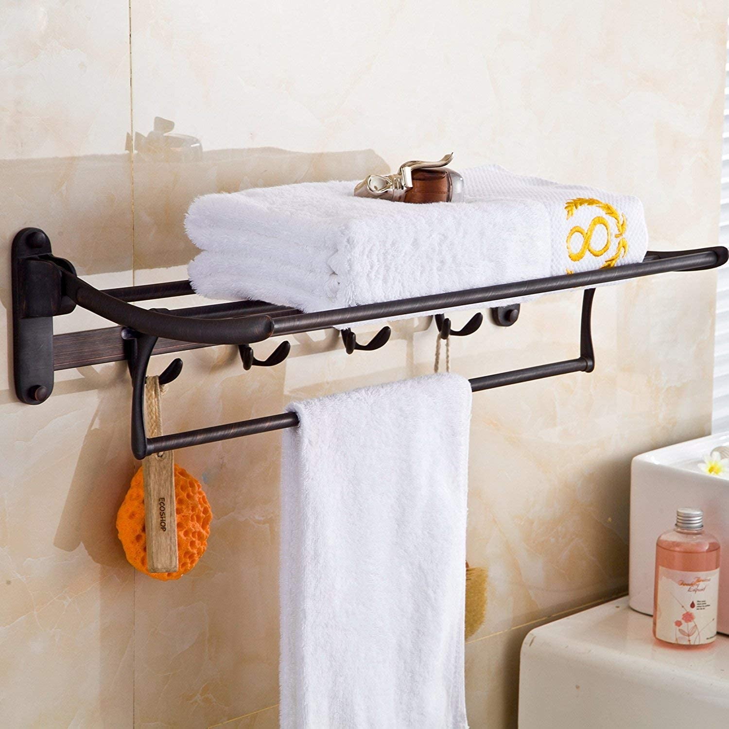 Multifunctional Oil Rubbed Bronze Bathroom Shelf Wall Mounted Rack with Foldable Towel Bar and Hooks Walmart