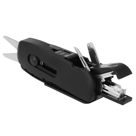 Multifunctional One Stationery Set Scissor Flexible Rule Pencil Sharpener Stapler Cutter Screwdriver Puncher Nail Puller Durable Stainless Steel Tools (Black)