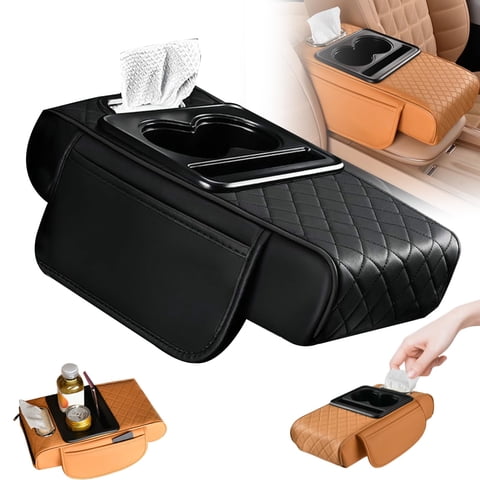 Multifunctional PU Leather Car Armrest Box Mat, 2026 New 5-in-1 Center Console Cover Cushion, with 2 Storage Bags Cup Holder, Tissue Box Slot, Phone Slot for Most Cars (Black)