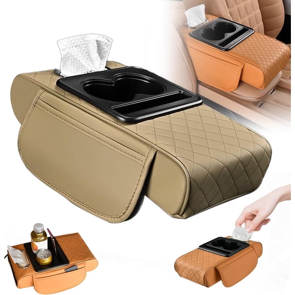 Multifunctional PU Leather Car Armrest Box Mat | 2026 New 5-in-1 Center Console Cover with 2 Storage Bags, Cup Holder, Tissue & Phone Slot