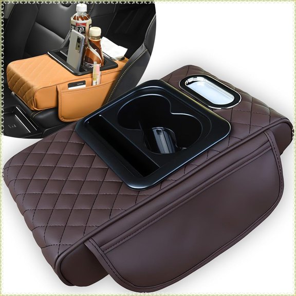 Multifunctional PU Leather Car Armrest Box Mat, 4-in-1 Multifunctional Car Armrest Cushion, Center Console Cover with 2 Cup Holder, For Storing Tissues, Phones, Wallets, Drinks, for Most Cars (Brown)