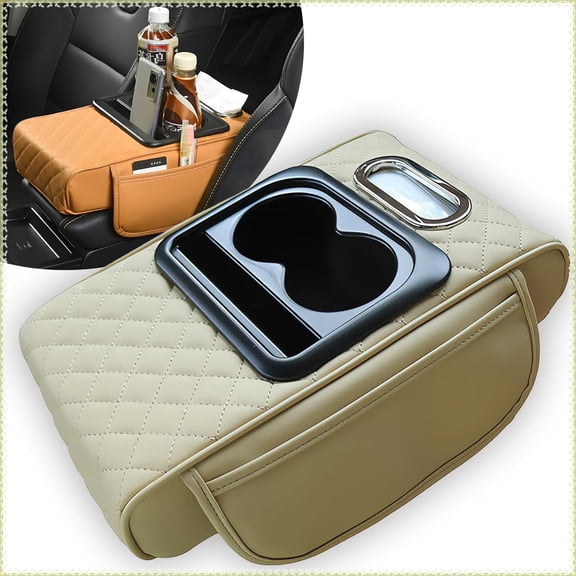 Multifunctional PU Leather Car Armrest Box Mat, 4-in-1 Multifunctional Car Armrest Cushion, Center Console Cover with 2 Cup Holder, For Storing Tissues, Phones, Wallets, Drinks, for Most Cars (Beige)