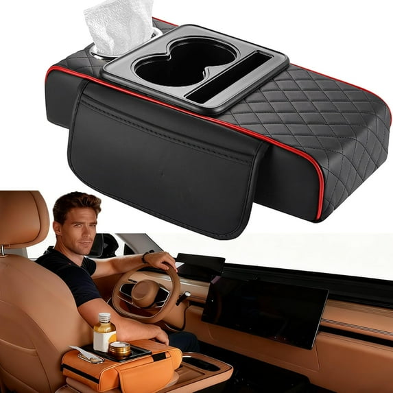 Multifunctional PU Leather Car Armrest Box Mat, 5-in-1 Car Armrest Box with Cup Holder, 2 Storage Bags, Tissue Box Slot, Phone Slot, Universal Waterproof Interior Organizer for Most Cars