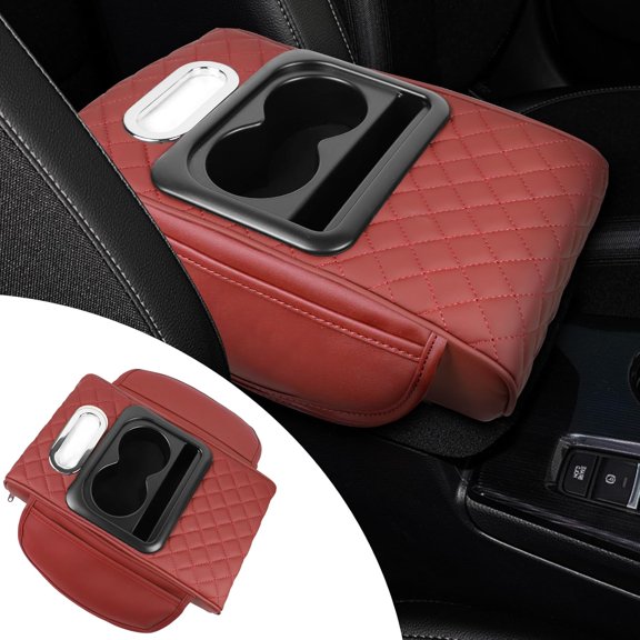Multifunctional PU Leather Car Armrest Box Mat, 5-in-1 Car Armrest Cushion, Center Console Cover with 2 Cup Holder, For Storing Tissues,Phones,Wallets,Drinks,for Most Cars