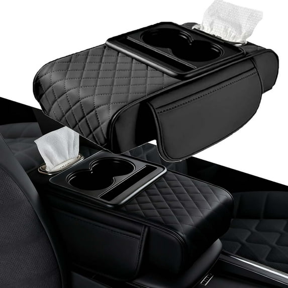 Multifunctional PU Leather Car Armrest Box Mat, 5-in-1 Center Console Cover with Cup Holder, Tissue Box Slot and Phone Slot, Universal Fit for Most Vehicles