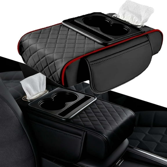 Multifunctional PU Leather Car Armrest Box Mat, 5-in-1 Center Console Cover with Cup Holder, Tissue Box Slot and Phone Slot, Universal Fit for Most Vehicles