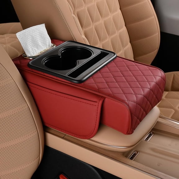 Multifunctional PU Leather Car Armrest Box Mat, 5-in-1 Center Console Organizer with Storage Compartments, Cup Holder & Phone Slot, Universal Fit for Most Car Models