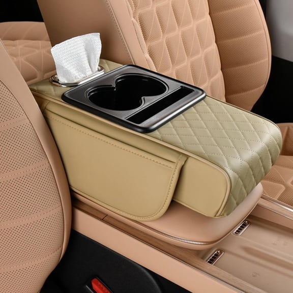 Multifunctional PU Leather Car Armrest Box Mat, 5-in-1 Center Console Organizer with Storage Compartments, Cup Holder & Phone Slot, Universal Fit for Most Car Models