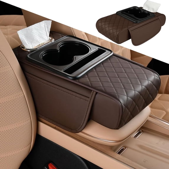 Multifunctional PU Leather Car Armrest Box Mat with Central Elbow, Universal 5-in-1 Car Center Console Cover, Leather Car Armrest Storage Box with Cup Holder, Tissue Box,Phone Holder (Coffee)