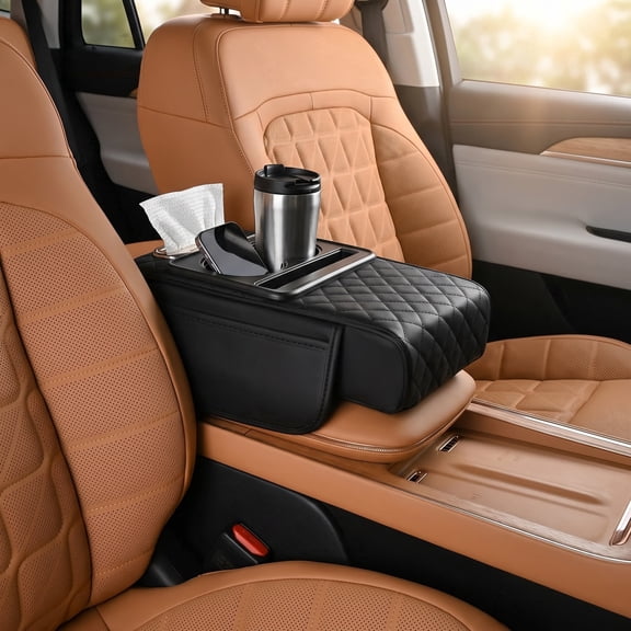Multifunctional PU Leather Car Mat, Multifunctional PU Leather Car Armrest Box Mat, 5-in-1 Center Console Cover, with Cup Holder, Tissue Slot & Phone Holder for Most Cars (Black)