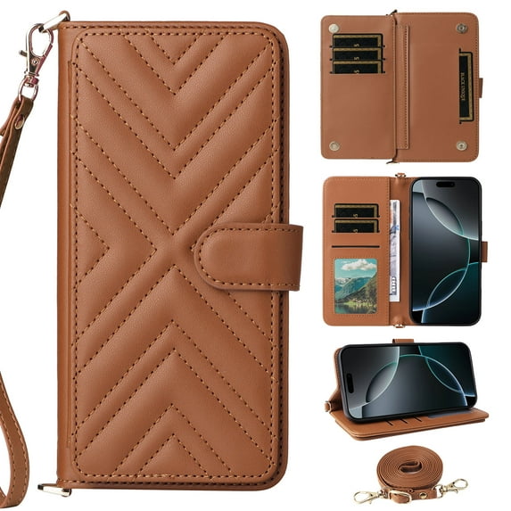 Multifunctional PU Leather Phone Case for iPhone 13 Wallet Purse Cover, Stylish with Card Holder Slots Stand Wrist Strap and Shoulder Strap for Women Girls for iPhone 13, Brown