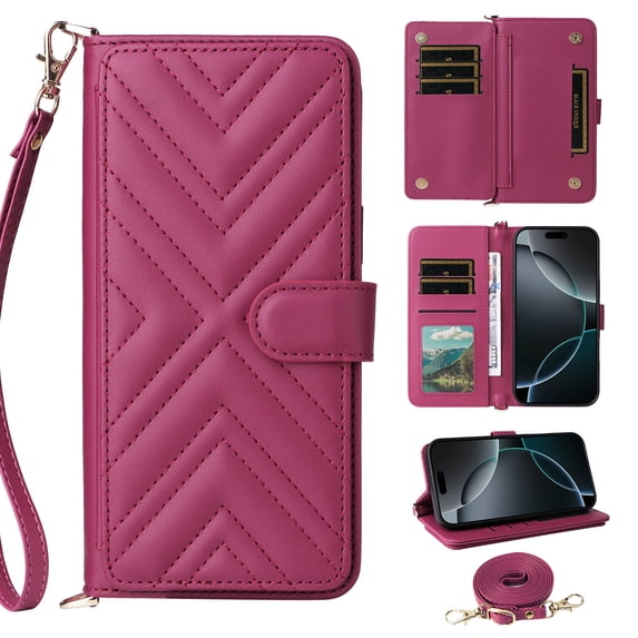 Multifunctional PU Leather Phone Case for iPhone 13 Wallet Purse Cover, Stylish with Card Holder Slots Stand Wrist Strap and Shoulder Strap for Women Girls for iPhone 13, Rose